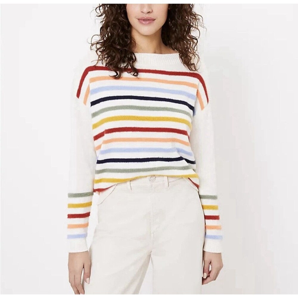 LOFT Size Small Fuzzy Striped Sweater Whipped Cream Multi Boat Neck Cotton Blend
